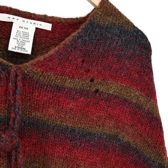Max Studio Striped Alpaca Mohair Lagenlook Shawl Poncho Red Olive One Size - Picture 6 of 9